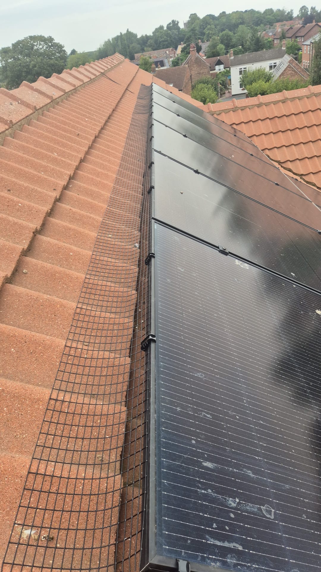 Bird proofing mesh fitted to the underside of solar panels on a pitched roof
